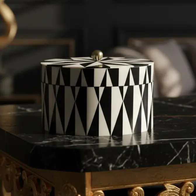 Triade Large — Round Cream & Black Resin Decorative Box | Coffee Table Decor, Jewelry Box | Handmade Storage Box