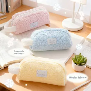 Cute High-Quality Felt Pencil Case, Large Capacity Plush Handbag, Cream Style Student Stationery, 1pc Woolen Pen Bag