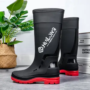 Men's High-top Slip-On Rain Boots with Elastic Band, Durable PVC Fishing and Seafaring Long Boots with Fabric Insole and PVC Sole, Solid Color