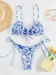 2/4/6 Counts Women's Knotted Bikinis Set, Summer Clothes Women, Backless Triangle Swim Bra & High Cut Swim Thong Two-piece Swimsuit Sets, Valentine's Day Gift, Back To School Outfits, Bathing Suits, Bikini Sets, 2 Piece Sets Women, Minimalistic Outfit