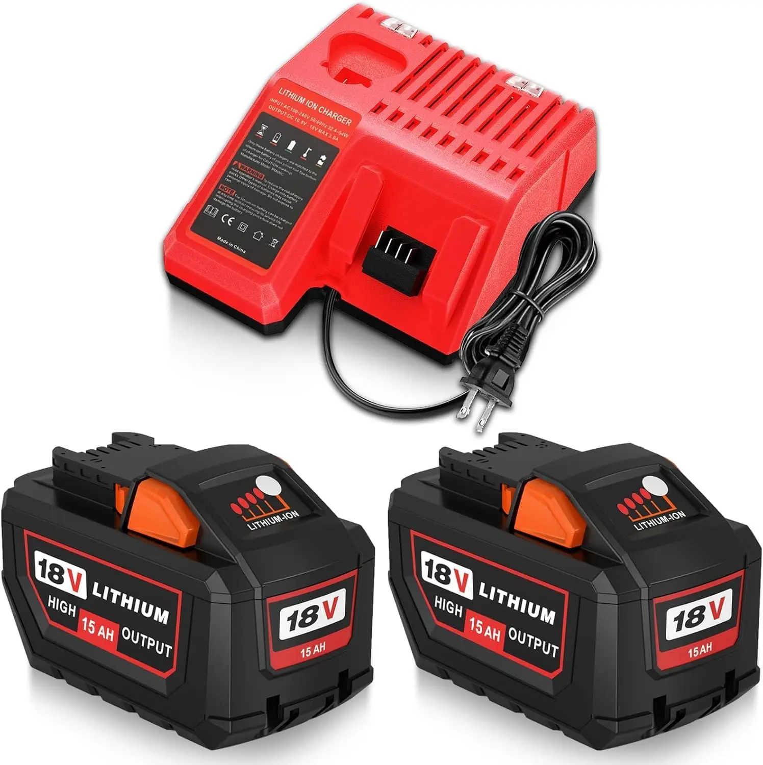 15.0Ah Replacement Battery & Charger Combo (3 Pack Red) for Milwaukee 18V | Compatible with Milwaukee 18V Vacuum, Hammer Drill, Impact Driver and Drill high-capacity lithium