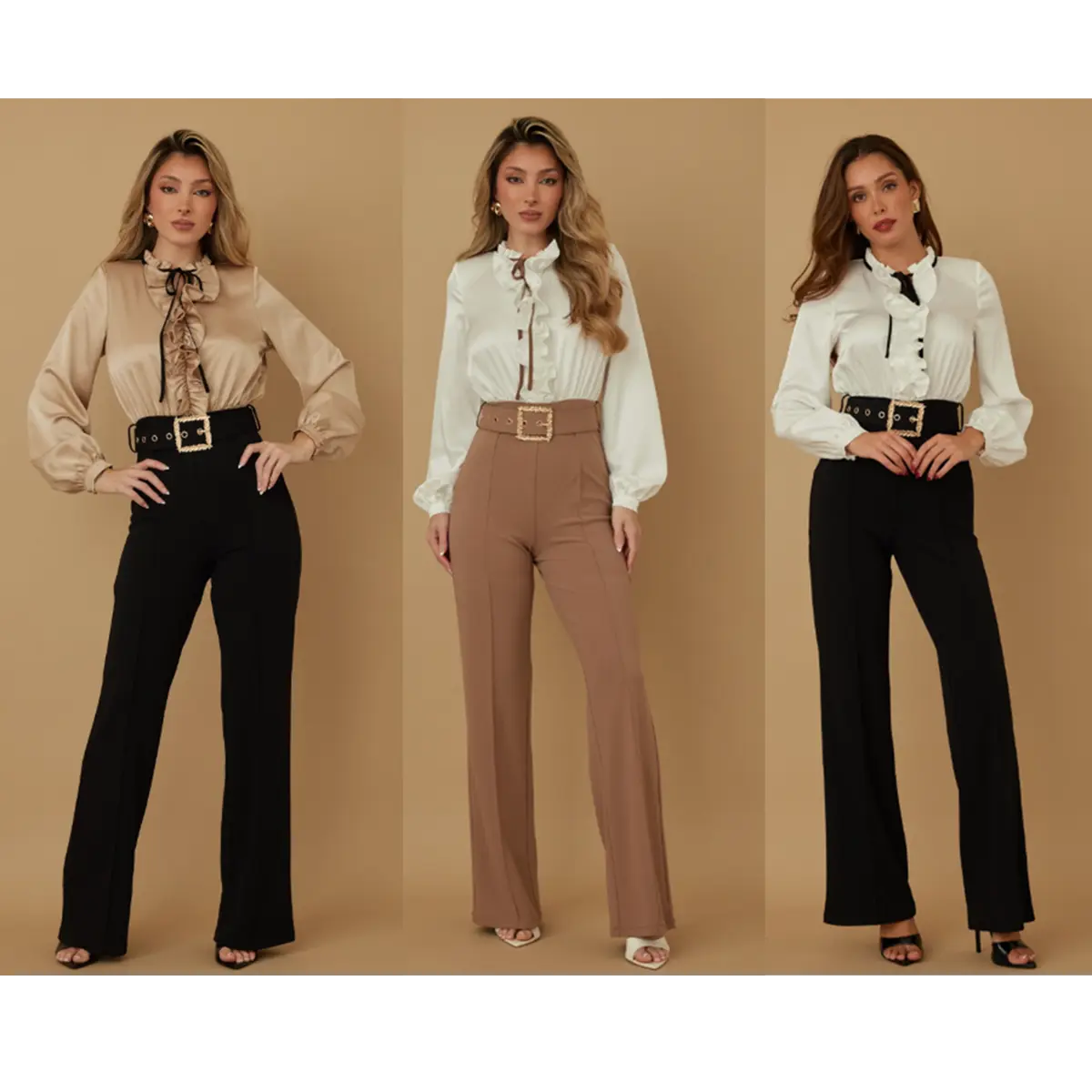 FORMAL JUMPSUIT - DRESSY FORMAL WEAR - RUFFLE DETAILS - STRING TIE AROUND NECK - LOOSE LONG CUFF SLEEVES - VINTAGE BELT BUCKLE - FLARE - ZIPPER ON THE BACK