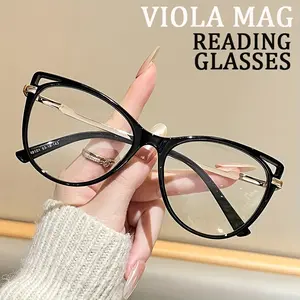 Full frame reading glasses with large frame cat eye, TR90 metal temple glasses - Anti-blue light, comfortable for computer, TV, work and leisure wear Minimalist design Lightweight Durable Glasses