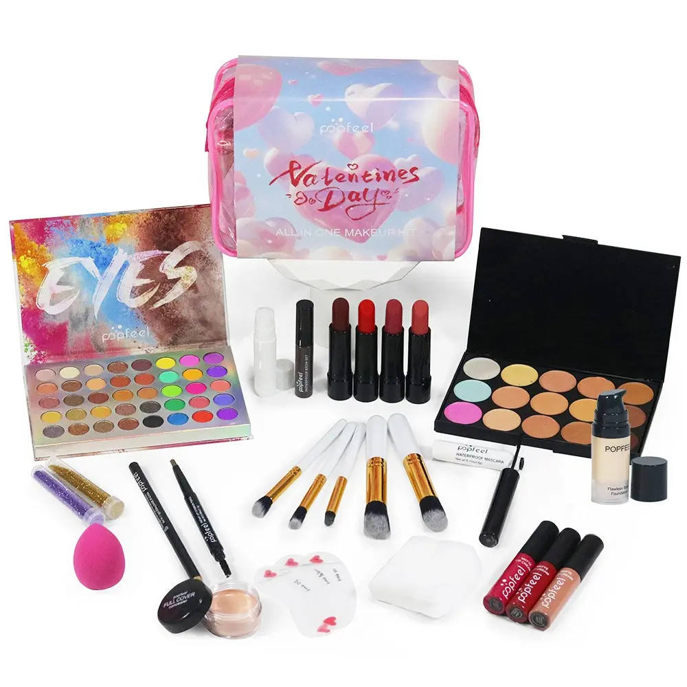 Popfeel Makeup Set Gift Box, Full Cosmetic Combo with Eyeshadow Palette, Lipstick, Foundation, Makeup Brushes, Birthday Gift for Girlfriend, Makeup Kits, Beauty Bundle Kit