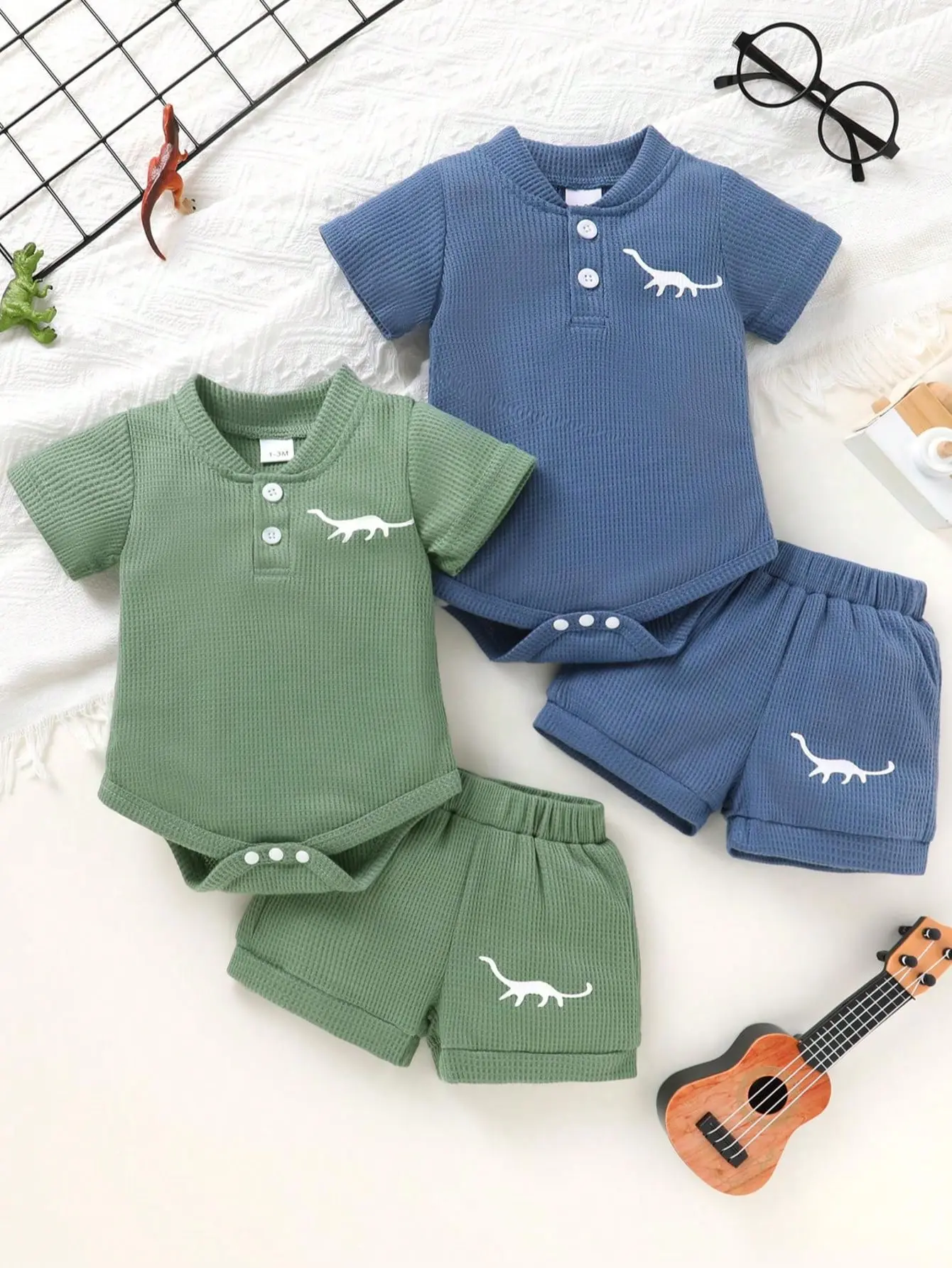 4Pcs Cute Baby Boy Dinosaur Print Bodysuit & Solid Shorts Set, Soft Comfortable Casual Outfit for Daily Vacation Outdoor Wear Clothes Original Set