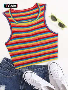 Women's Rainbow Stripe Print Crop Sweater Vest, Casual Sleeveless Round Neck Knit Top for Summer, Fashion Women's Knitwear for Daily Wear