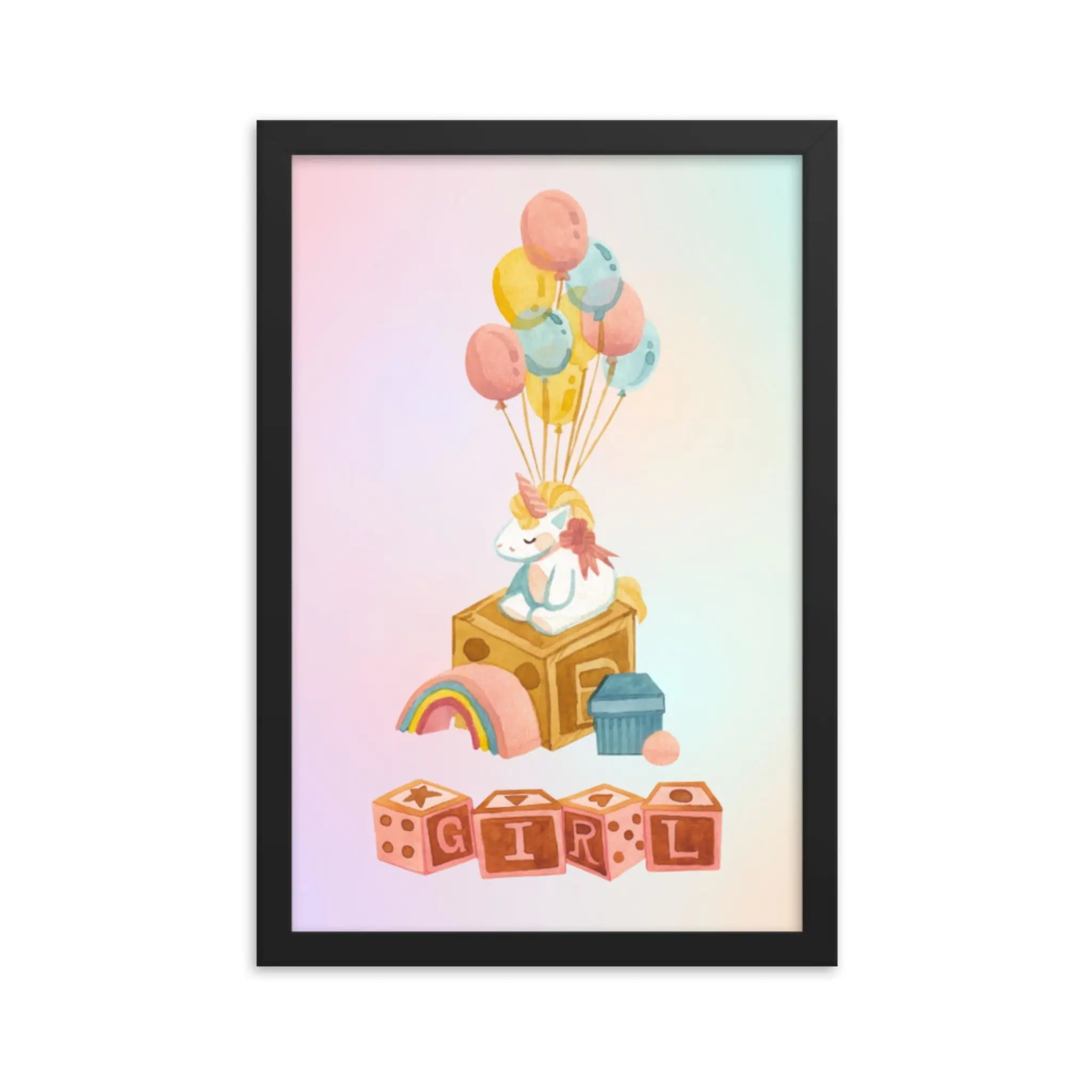 Baby Unicorn Framed Artwork - Cheerful Design with Balloons & Rainbow Blocks - Lightweight Oak Frame - Room Decoration Poster for Nursery - Durable Matte Paper - Acrylite Front Protector - Hanging Hardware Included