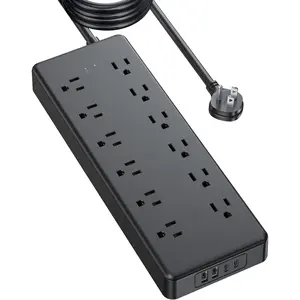 Long Extension Cord 15 FT, ETL, Surge Protector Power Strip with 12 AC Outlets and 4 USB Ports, Flat Plug Power Strip, 4000J, Wall Mount for Factory  Kitchen Office Garage