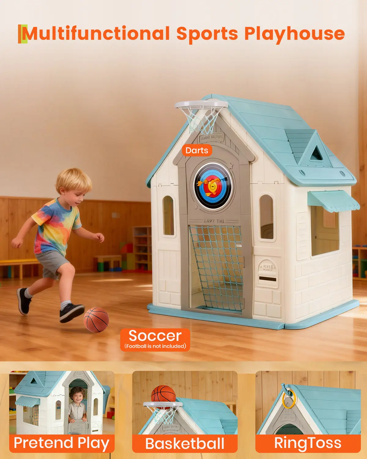 Garvee Outdoor Kids Playhouse with Basketball Hoop – Backyard or Indoor Cottage for Toddlers, Includes Ring Toss, Mailbox, Windows & Half Door – Fun Activity House for Ages 2+