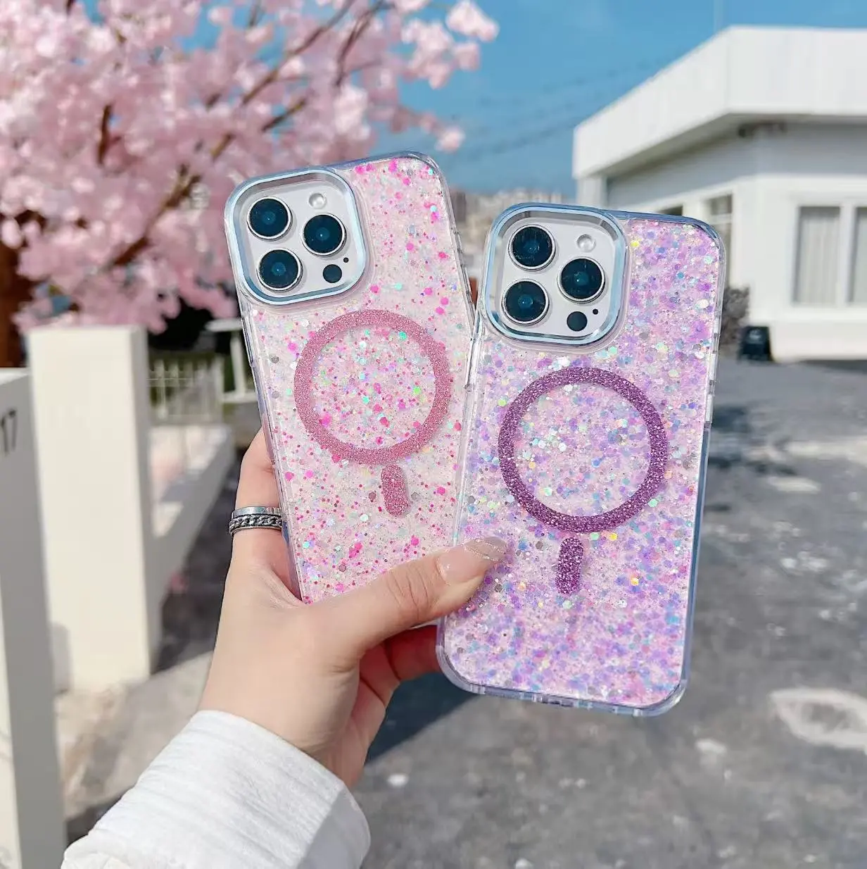 High-End Iridescent Glitter 4-Corner Airbag Phone Case with Magnetic Charging Compatibility for iPhone 17 16 Pro Max Air, iPhone 15/14/13/12/11 Plus Thickened Epoxy Coating