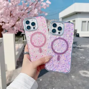 High-End Iridescent Glitter 4-Corner Airbag Phone Case with Magnetic Charging Compatibility for iPhone 17 16 Pro Max Air, iPhone 15/14/13/12/11 Plus Thickened Epoxy Coating