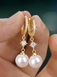 1 Pair Glamorous Cubic Zirconia & Faux Pearl Drop Earrings Dangle Hoop Earrings For Women For Valentine's Day Gift