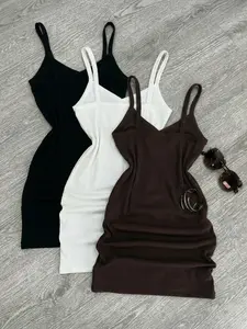3-Pack Ribbed Spaghetti Strap Mini Dress – V-Neck Form-Fitting Bodycon Slip Dress for Women, Basic Neutral Aesthetic, Soft Stretchy Fabric, Casual Everyday & Layering Essential, Versatile Wardrobe Staple for Minimalist & Y2K Style Lovers