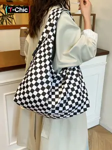 Fashion Plaid Large Capacity Shoulder Bag, Multi-Pocket Tote for School Work Travel Beach, Mommy Bag, Checkerboard Pattern Purse, Lightweight Tote Bag, Casual Trendy Bag, Geometric Pattern Tote, Checkered Pattern Bag