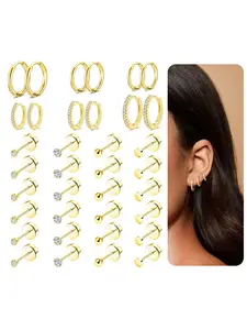 18 Pairs Tiny Flat Back Stud Earrings For Women Men 18K Gold Plated Stainless Steel CZ Ball Dot Small Huggie Hoop Earrings Screw Back Cartilage Helix Tragus Lobe Earrings For Multiple Piercing