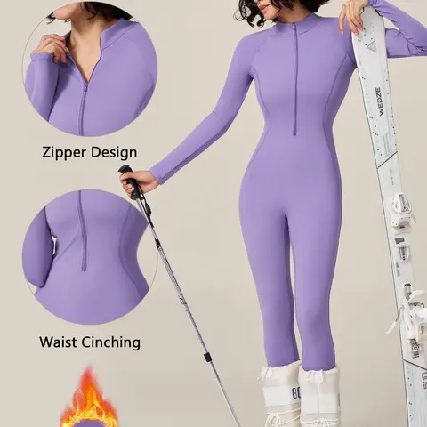 TIMEOFF Women's High Neck Long-Sleeve Warm Fleece Full Length Athletic Jumpsuit - Stretchy High-Elastic Body-Sculpting Zip-Up Casual Sporty Fitness Yoga Winter Sports Clothing Set