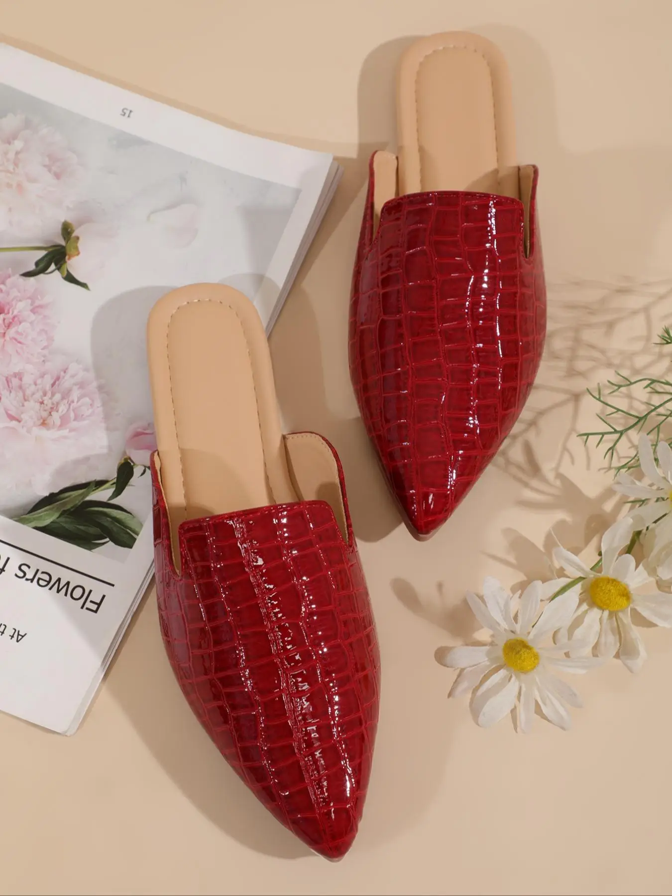 Women's Peep Toe Embossed Flat Shoes, Casual Trendy Slip-on Mules Shoes for Daily Wear, Trendy All-match & Exquisite Shoes for Birthday Gift