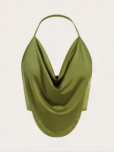 Women's Satin Halter Top, Draped Neck Design, Irregular Hem, Slimming Short Blouse, Casual Loose Fit, Plain Pattern, Womenswear