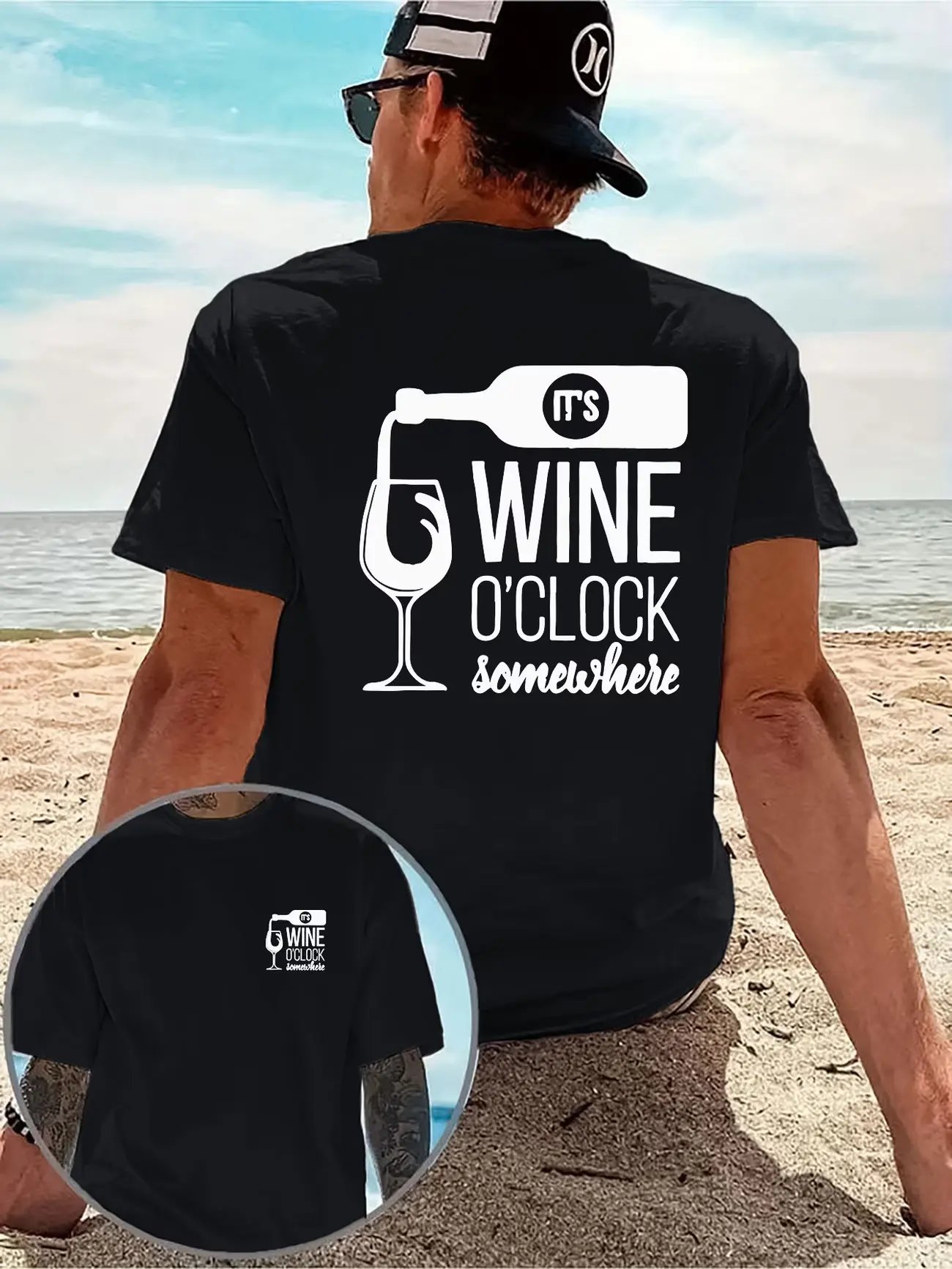 Men's WINE O'CLOCK Wine-Themed T-Shirt - Double-Sided Front & Back Print Short Sleeve Casual Shirt with Wine Design, Breathable Round Neck Suitable for Home, Outdoor, Parties, Gifts - Spring Summer Wardrobe Essential for Wine Lovers