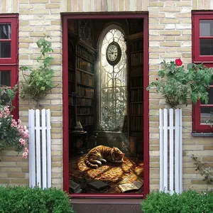 2pcs Vintage Study Cat Wall StickerPVCEuropean Style Stained Glass Clock Bookshelf Decorative Sticker Self Adhesive Wallpaper Removable Waterproof PVC Decal for Living Room BedroomHome Decor