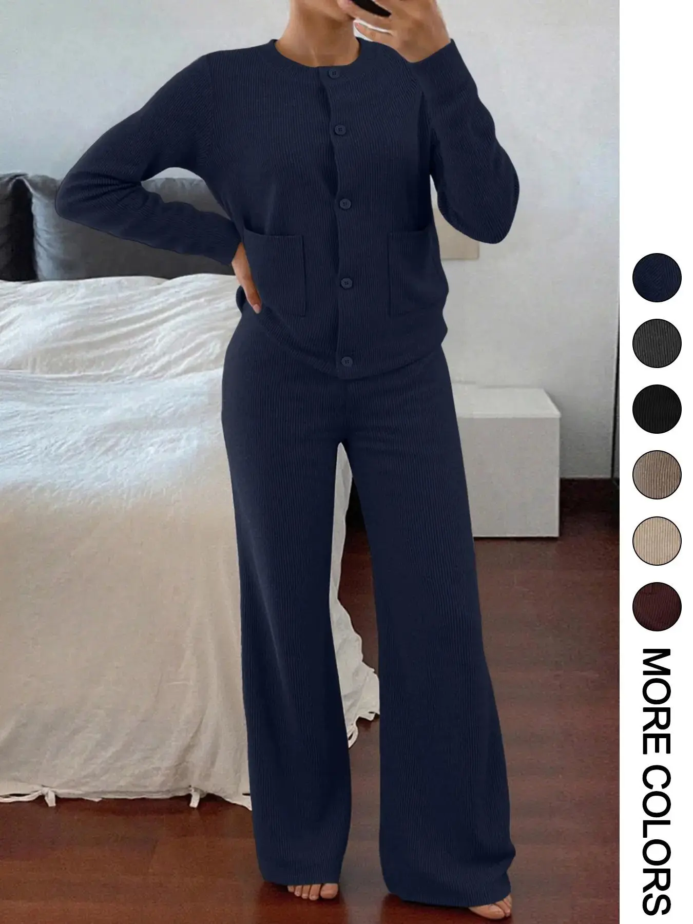 Women's Flattering Casual Comfortable Soft Round Neck Long Sleeve Knit Sweater Set with Pockets, High Waist Versatile Wide Leg Pants, Perfect for Daily Wear Knitted, tailored comfort, sleek line, flattering drape