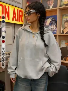 Women's Solid Color Loose Fit Drawstring Pocket Hoodie, Casual Long Sleeve Hooded Sweatshirt for Fall & Winter, Women's Clothes for Daily Wear