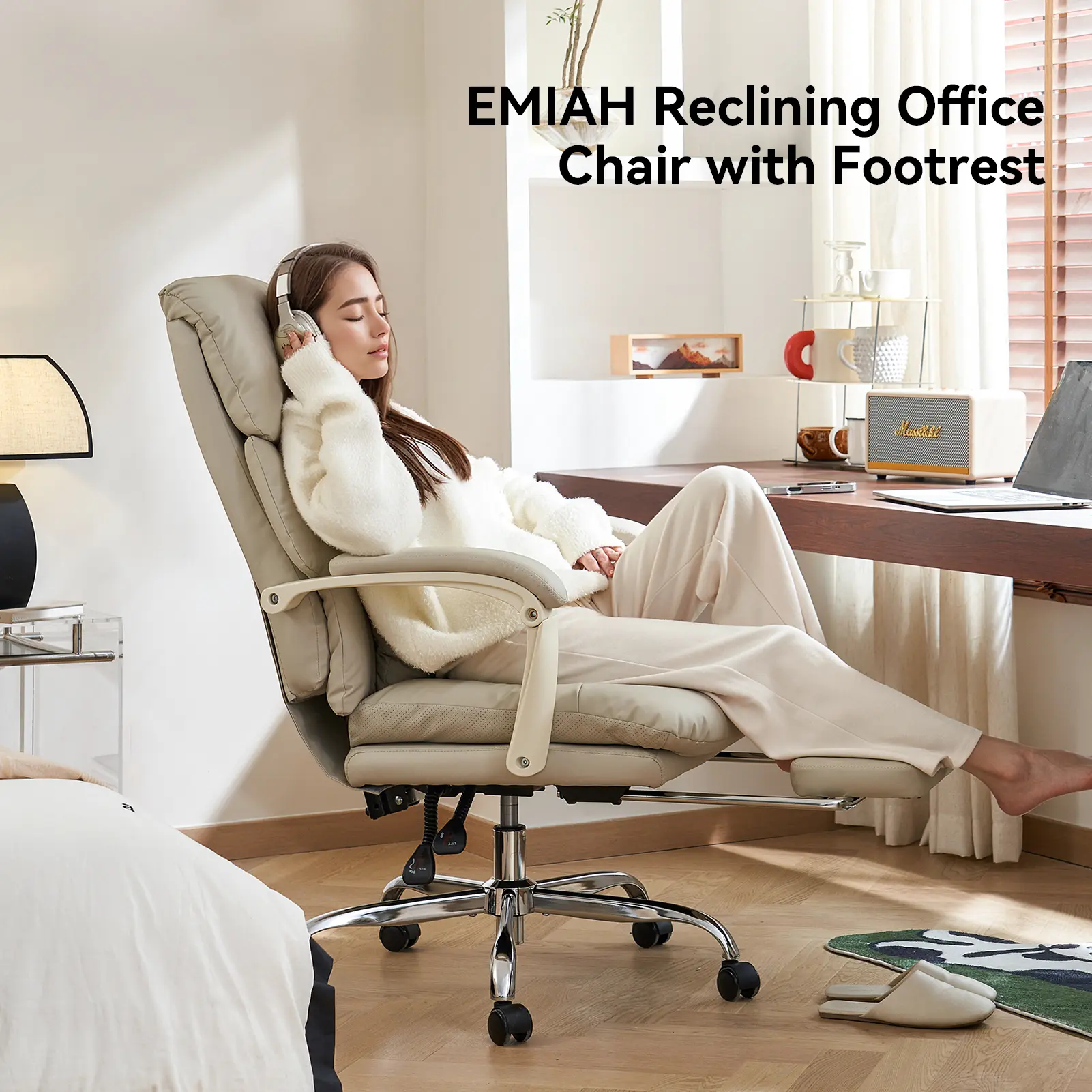 EMIAH C029 Ergonomic Reclining Office Chair – Premium Leather Gaming & Home Office Chair with Footrest, Lumbar Support, High Backrest, Swivel Base and Adjustable Armrests for Bedroom & Living Room