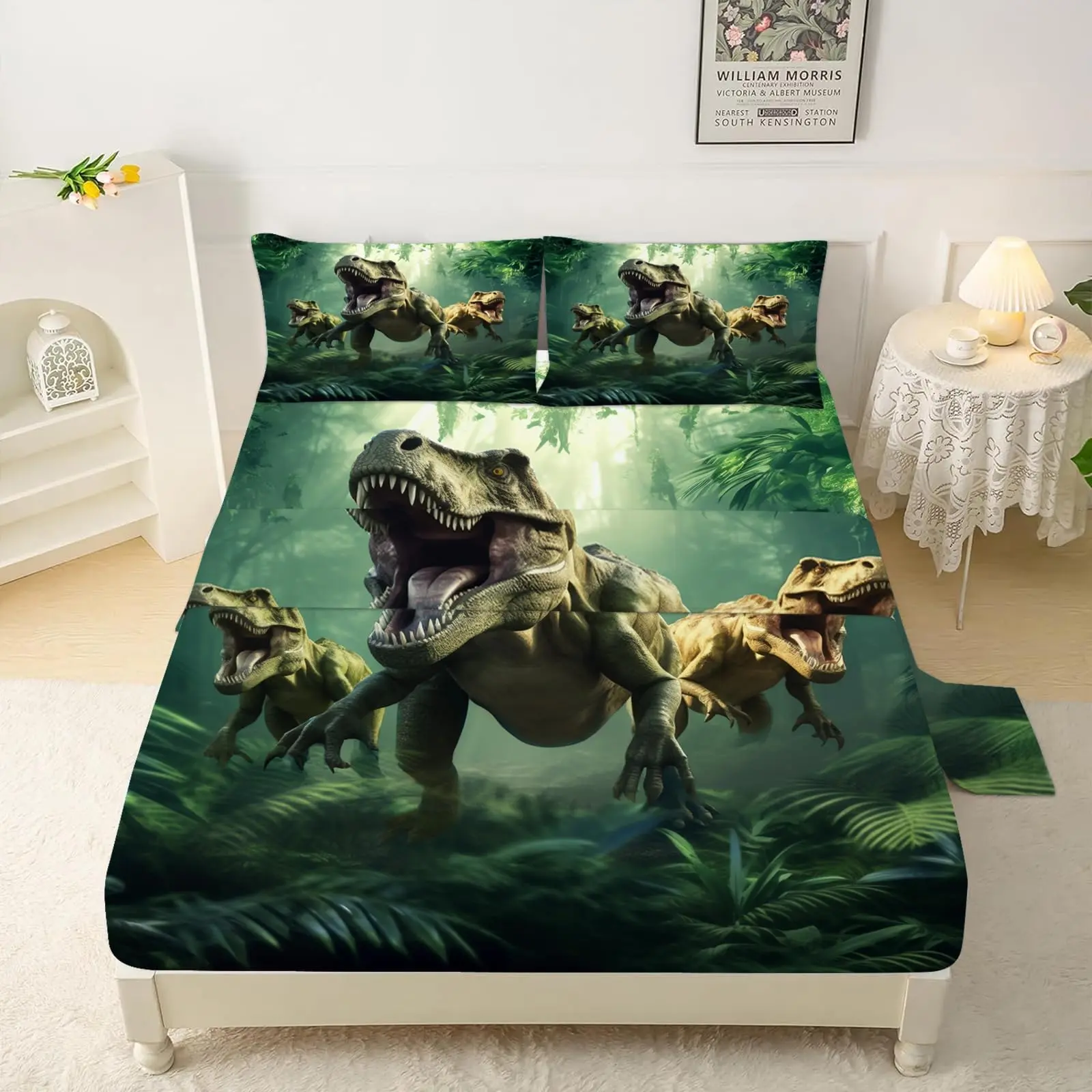 3-Piece Dinosaur Print Bedding Set, Bed Sheets, Bedsheet Sets, Bed Sets Supplies, Includes Flat Sheet and Pillowcases, Modern Design for Bedroom Decor, Comfortable and Stylish