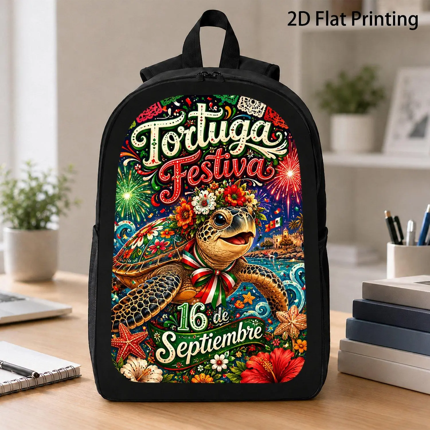 [17 Inch Backpack] 1pc Tortuga Festiva Viva Mexico Sea Turtle Flower Wreath September 16 Mexican Fiesta Graphic Backpack Hot Independence Day Casual School Travel Backpack