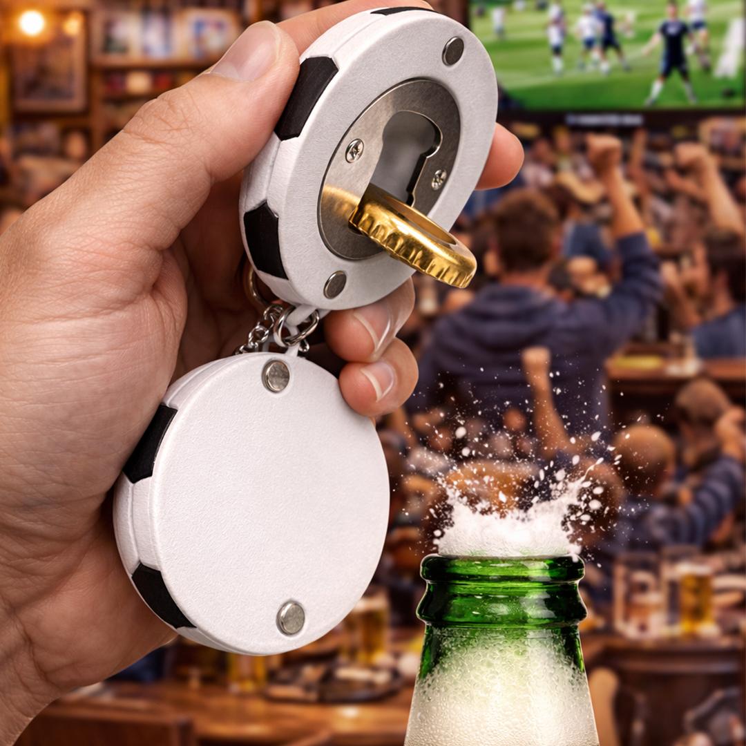 Fridge-Mount Soccer Bottle Opener with Magnetic Keychain