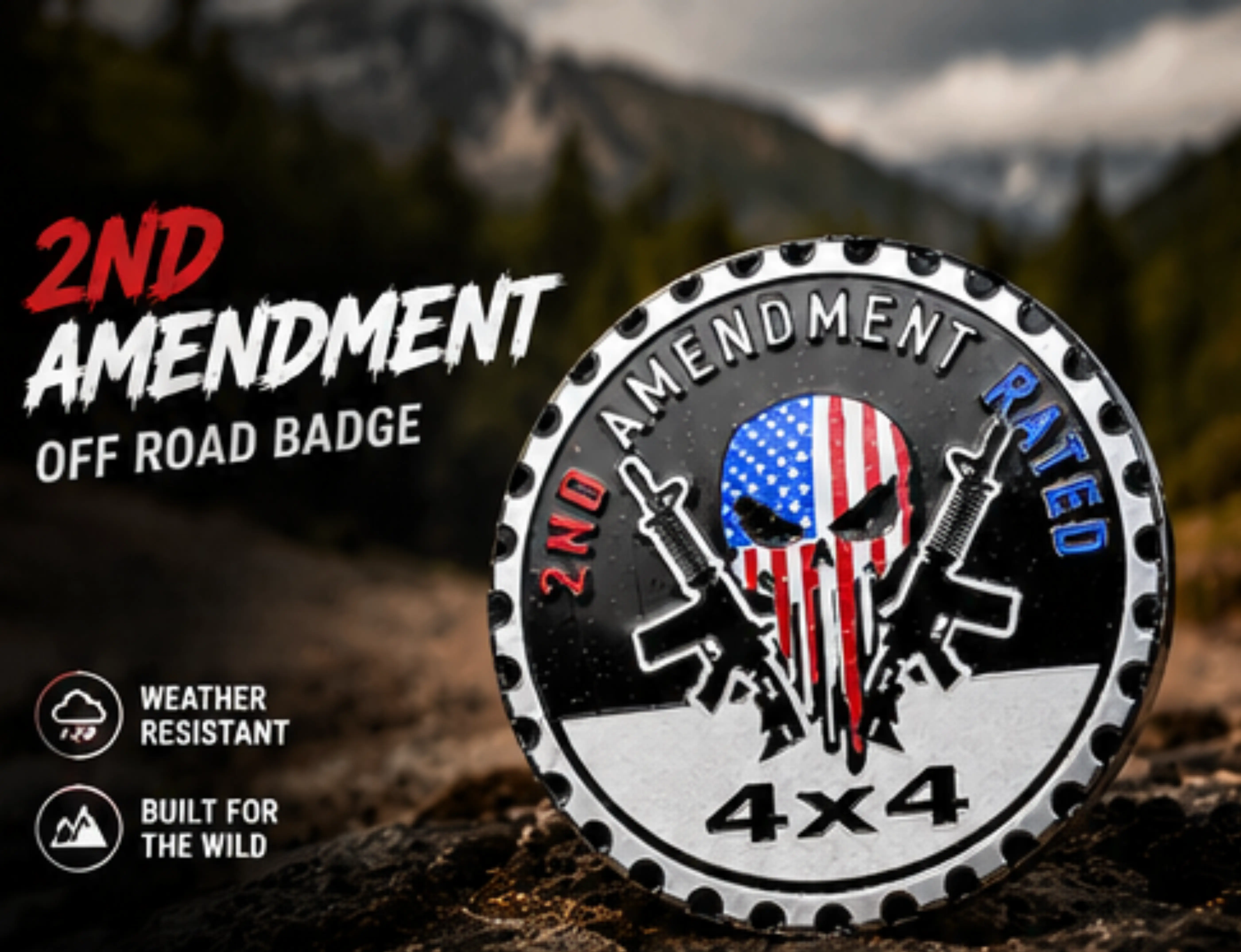 2nd Amendment Rated 4x4 Off Road Badge | Patriotic Skull Jeep Emblem