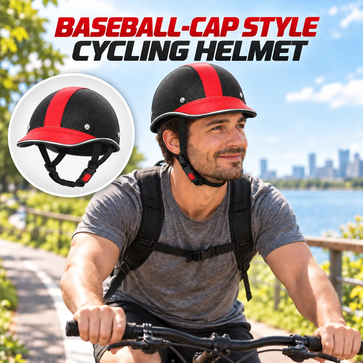 1 x Adult Unisex Adjustable-Strap Bicycle Helmet - Durable PU Construction, Baseball Cap Style Sun Visor, Small/Large Sizes, Adjustable Helmets for Bikes, Cycling, Hiking-3110