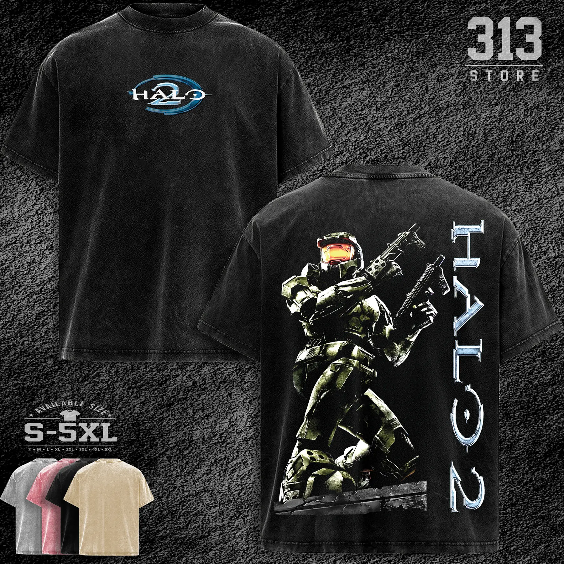 HALO 2 Vintage Heavyweight Washed Tshirt - Comfort Cotton Crew Neck Casual 100% Premium Cotton - Fabric, Menswear Top Graphic Hoodie Print Straight Tee Streetwear