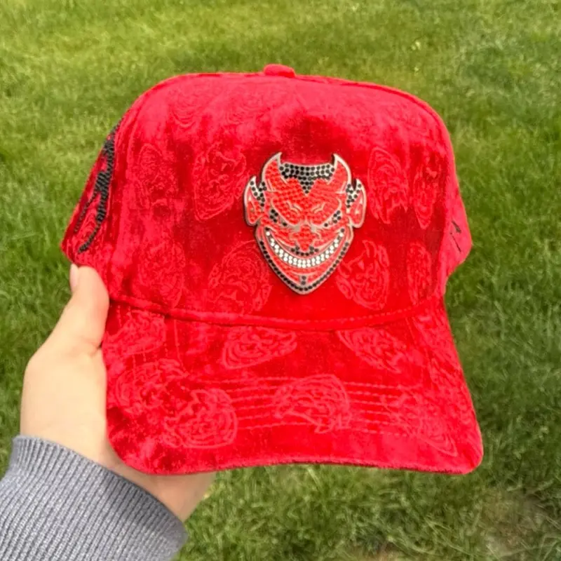 Black Velvet Baseball Cap with Red Devil Design and Skull Patterns HAT ONLY Black Velvet Baseball Cap with Red Devil Design and Skull Patterns HAT ONLY