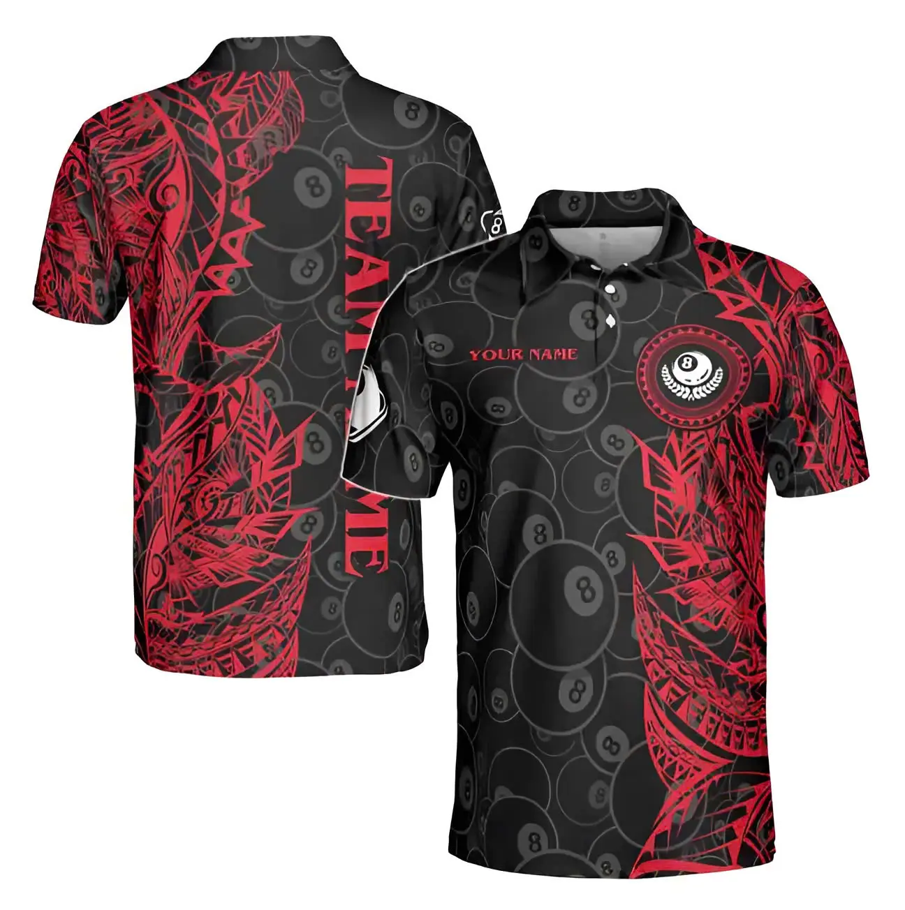 Peak Billiards - 8 Number Billiards Team Polo Shirt Red Black Personality, Strong & Gamer Style...