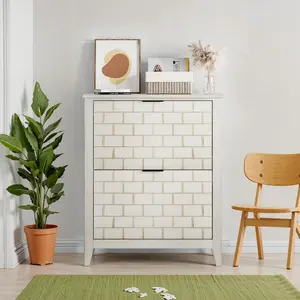 31.5 Inch Retro White Shoe Storage Cabinet, Mid-Century Vintage Freestanding Shoe Cabinet, Shoe Cabinet with 2 Flip Drawers, Suitable for Hallway and Entryway, Staircase Corner
