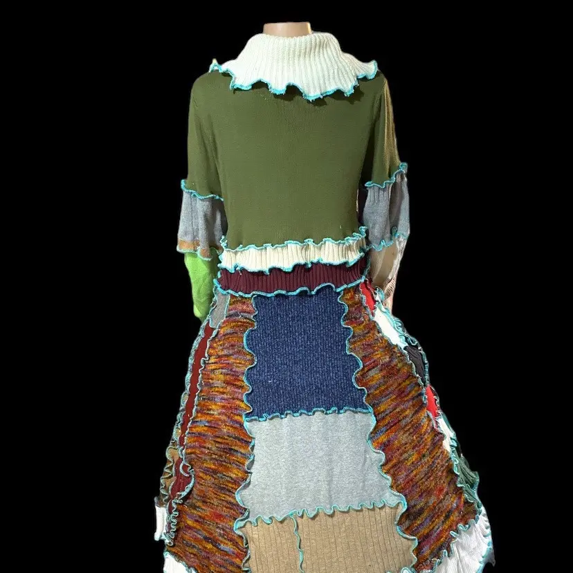 Epolstyle upcycled recycled sustainable sweater  dress bohemian boho style wearable art eco friendly plus size lg xlg 1xl Hippie Chic 36-48”