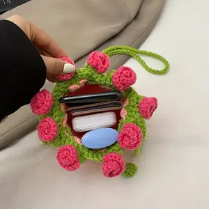 Handmade Crochet Flower Crossbody Bag for Women - Korean Style Adjustable Strap Bucket Purse with Drawstring Closure, Lace Trim, White/Pink/Violet, Compact Phone Bag for Everyday Essentials, Crochet Bag, Shopping Accessory, Fabric Construction