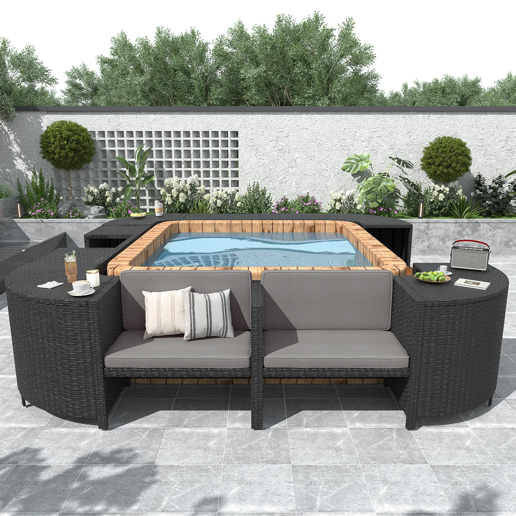 SAVEYOUR Durable Classic Adjustable Grey Rattan+Steel Outdoor Sectional Sofa Set - Quadrilateral Frame Lounge with Mini Sofa, Wooden Seats, Wipe Clean Cushions, Built-in Storage, Portable Spa Companion, Assembly Required for Patio, Balcony
