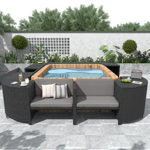 SAVEYOUR Classic Adjustable Grey Outdoor Rattan & Metal Sectional Sofa Set - Spa Surround Quadrilateral Frame Lounge with Mini Sofa, Wooden Seats, Built-in Storage, Assembly Required for Outdoor Patio Backyard Relaxation Decor