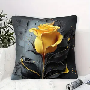 Vibrant 3D Golden Yellow Rose Throw Pillow, Digital Print Cushion with Pillow Core, Elegant and Dramatic Floral Design on Textured Gray Background, Perfect for Home Decor, Sofa and Bedroom Accent, Unique Artistic Touch for Any Space