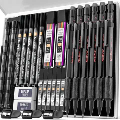 Nicpro 6-Pack ABS+Metal Mechanical Artist Pencils Set - Boxed with Case, 0.5mm/0.7mm/0.9mm/2mm Graphite, 13 Colored Lead Refills (4B/2B/HB/2H/4H), Weatherproof Barrel, Office/Outdoor Drawing Supplies for Engineer, Back-to-School Thin Pencils Gift Set