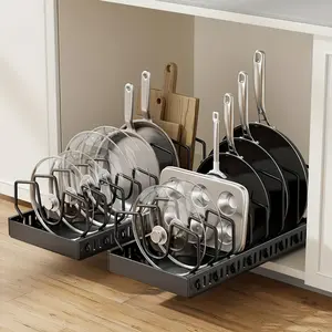 Kitchen Cabinet Pull-Out Storage Box, Fits Pots, Skillets, Bowls, Plates & Kitchen Utensils, Sliding Lid Holder & Pan Stand