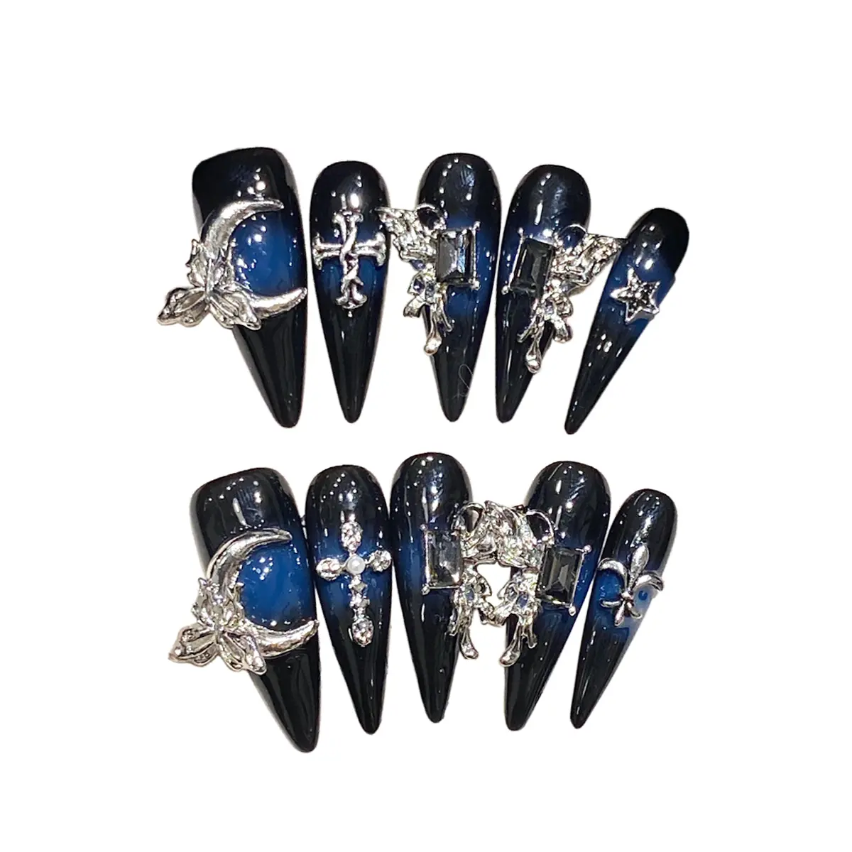 Gothic Blue Ombre Long Stiletto Press On Nails With Silver Moon, Cross And Crystal Decorations, 10PCS Handmade Reusable Acrylic Fake Nails For Edgy Fashion Styles