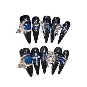 Gothic Blue Ombre Long Stiletto Press On Nails With Silver Moon, Cross And Crystal Decorations, 10PCS Handmade Reusable Acrylic Fake Nails For Edgy Fashion Styles