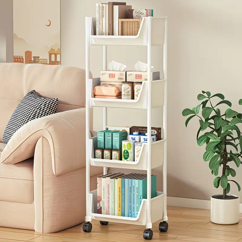4-Duty Rolling Storage Cart with 4-Wheel Mobility, White Plastic Multi-Tier Storage Rack, Sturdy Frame, Space-Saving Organizer, Easy to Assemble, Suitable for Office, Garage