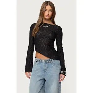Edikted Women's Mare Asymmetric Gem Sheer Lace Top