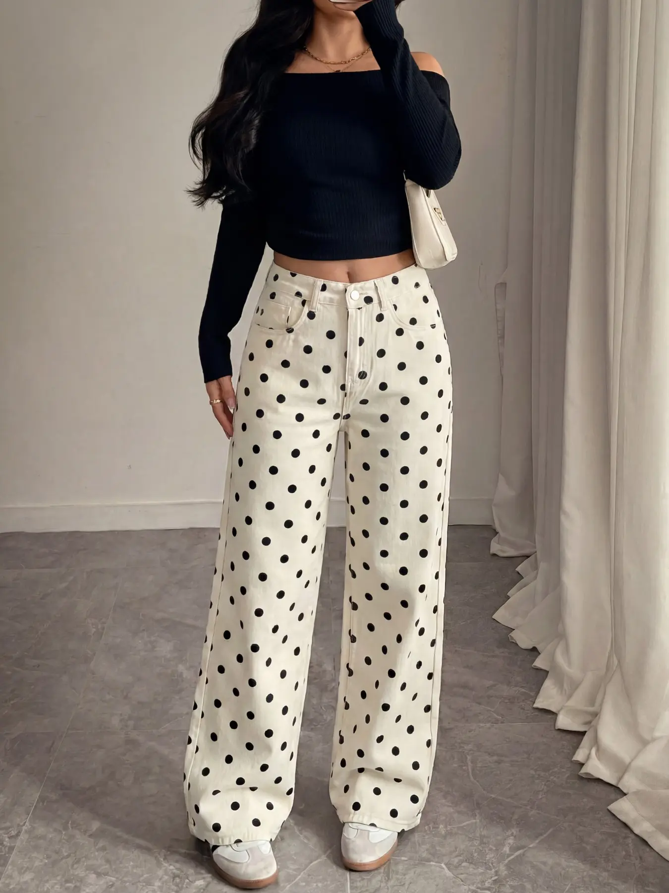 Women's New Fashion Boho Style Polka Dot Print Jeans, Pants, Trouser, Fitted Straight Leg Lightweight Denim Jeans, All Seasons Casual Wear, Unlined, No Elastic, Bohemian, Fashion Jean Bottoms