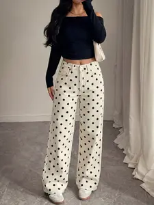 Women's New Boho Style Polka Dot Print Jeans, Fitted Straight Leg Denim Jeans, All Seasons Casual Wear, Unlined, No Elastic