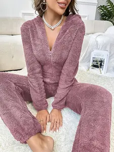 Plush Hooded Onesie with Ears Decoration, Soft Pajamas for Women & Girls, Cozy Winter Sleepwear, Cute Cartoon Animal Design